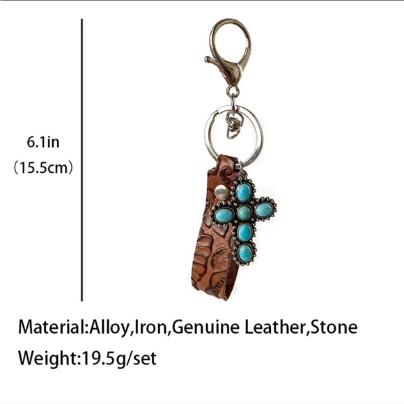 Leather and Turquoise Cross Keyring - Picture 3 of 5